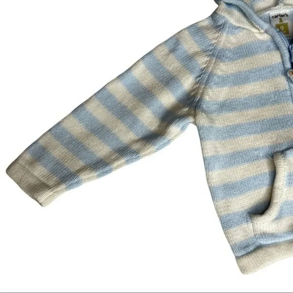 Carter's Blue/White Hooded Sweater Zip Front Baby 9M Cozy Classic Casual - Picture 4 of 13